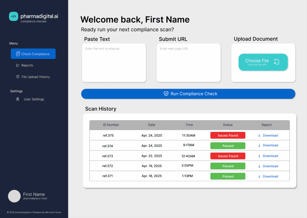AI-Powered Compliance Systems dashboard showing real-time content verification results